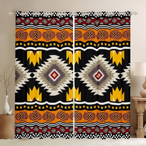 jejeloiu Rustic Western Aztec Black Out Curtains,Bohemian Geometric Pattern Curtains Pack of 2 (42x63 Each),Orange Brown Black Bedroom Curtains For Kids,Luxury Bedroom Decor