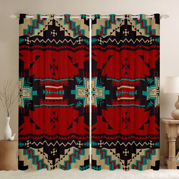jejeloiu Rustic Western Aztec Blackout Curtains Set of 2 (52x84 Each),Retro Bohemian Geometric Window Curtains,Red Brown Black Curtains and Drapes For Men Women,Home Decor
