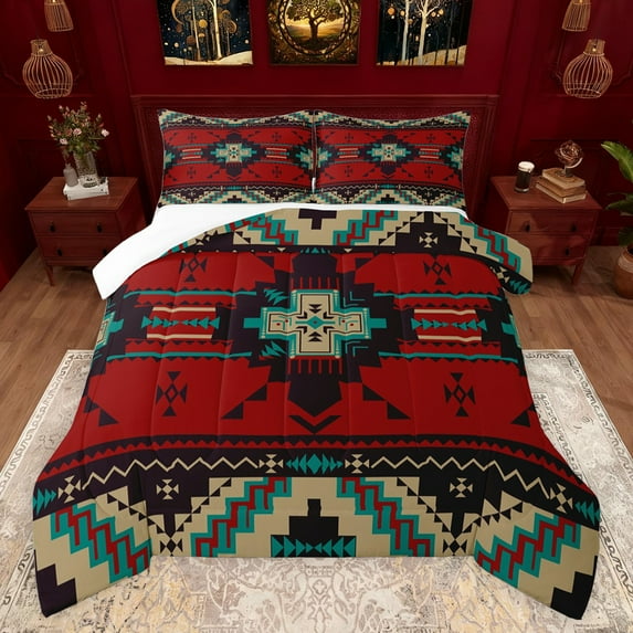 jejeloiu Rustic Western Aztec Full Size Comforter Sets,Retro Bohemian Geometric Bedding Comforter Set,Red Brown Black Bedding Sets For Men Women,Home Decor,3 Pieces