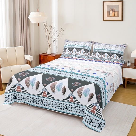 jejeloiu Rustic Western Aztec Full Size Sheets,Retro Dreamcatcher Feather Bed Sheets,Blue White Sheet Sets For Men Women,Microfiber Bedroom Decor,4pcs