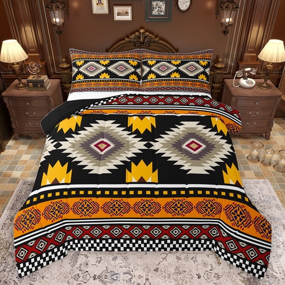 jejeloiu Rustic Western Aztec Queen Comforter Set,Bohemian Geometric Pattern Bedding Sets,Orange Brown Black Bedding Comforter Set For Kids,Luxury Bedroom Decor Reversible,3pcs