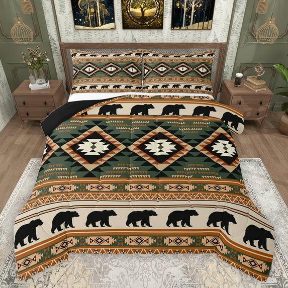jejeloiu Rustic Western Aztec Queen Comforter Set,Jungle Animal Bear Bedding Sets,Green Brown Rhombus Bedding Comforter Set For Men Women,Luxury Bedroom Decor Reversible,3-Piece