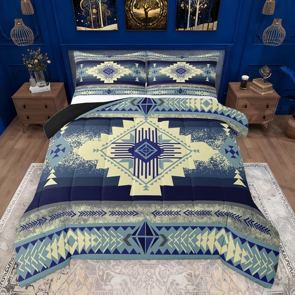 jejeloiu Rustic Western Aztec Queen Comforter Set,Retro Bohemian Geometric Bedding Sets,Beige Vintage Rhombus Bedding Comforter Set For Men Women,Home Decor Reversible,3-Piece
