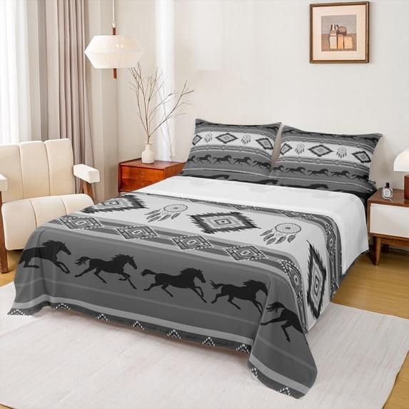 jejeloiu Rustic Western Aztec Queen Sheet Sets,Bohemain Exotic Style Dreamcatcher Flat Sheet,Gray Black Queen Fitted Sheet For Men Women,Home Decor,4pcs