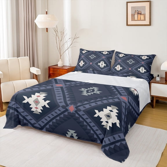 jejeloiu Rustic Western Aztec Queen Sheet Sets,Retro Bohemian Geometric Flat Sheet,Blue Vintage Rhombus Queen Fitted Sheet For Men Women,Home Decor,4pcs
