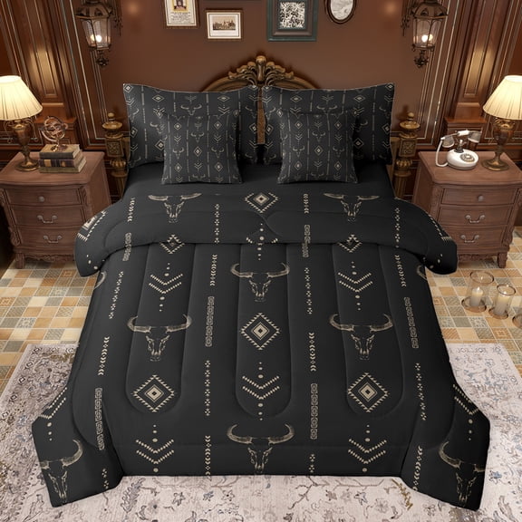 jejeloiu Rustic Western Cowboy 7-Piece Bedding Comforter Set,Farmhouse Bull Skull King Bedding Sets,Brown Aztec Rhombus Bed Sheets For Adults,Super Cozy Room Decor Reversible