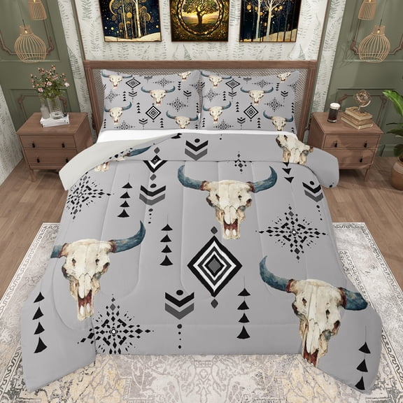 jejeloiu Rustic Western Cowboy Bedding Comforter Set,Farmhouse Bull Skull Twin Comforter Sets,Aztec Rhombus Triangle Bedding Set For Adults,Super Cozy Room Decor Reversible,2 Pieces