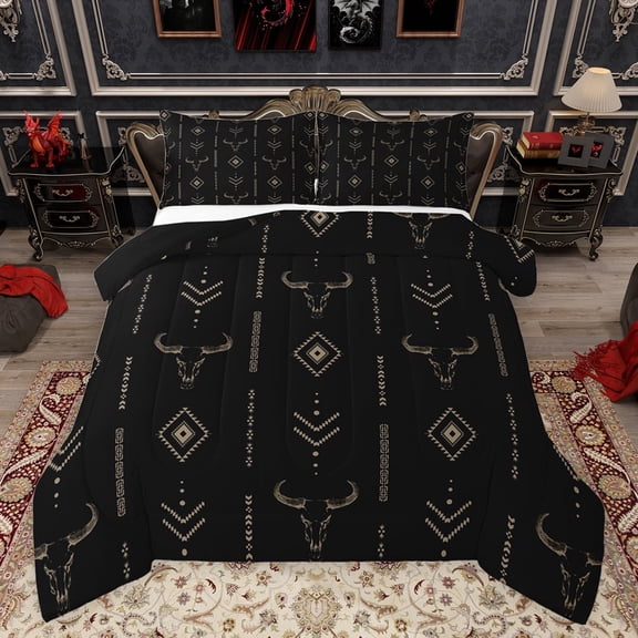 jejeloiu Rustic Western Cowboy Bedding Comforter Set,Farmhouse Bull Skull Twin Comforter Sets,Brown Aztec Rhombus Bedding Set For Adults,Super Cozy Room Decor Reversible,2 Pieces