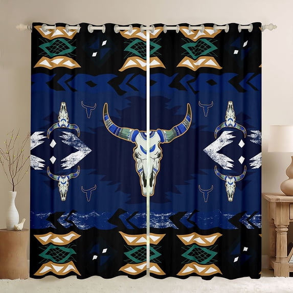 jejeloiu Rustic Western Cowboy Blackout Curtains Set of 2 (52x84 Each),Farmhouse Bull Skull Window Curtains,Vintage Aztec Geometric Curtains and Drapes For Adults,Super Cozy Room Decor