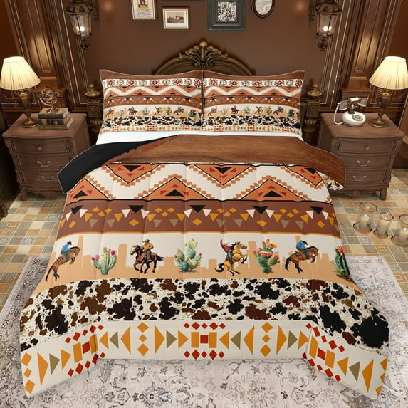 jejeloiu Rustic Western Cowboy Full Size Comforter Sets,Desert Botanical Cactus Bedding Comforter Set,Brown Geometric Triangle Bedding Sets For Boys Kids,Breathable Home Decor Reversible,3 Pieces