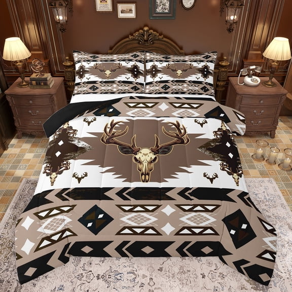 jejeloiu Rustic Western Cowboy Full Size Comforter Sets,Farmhouse Bull Skull Bedding Comforter Set,Brown White Black Bedding Sets For Adults,Super Cozy Room Decor Reversible,3 Pieces