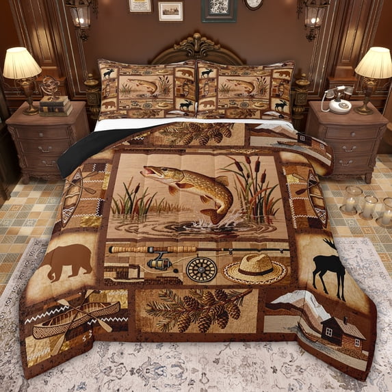 jejeloiu Rustic Western Cowboy Queen Comforter Set,Brown Pink Cone Fish Bedding Comforter Set For Men Women Reversible 3-Piece