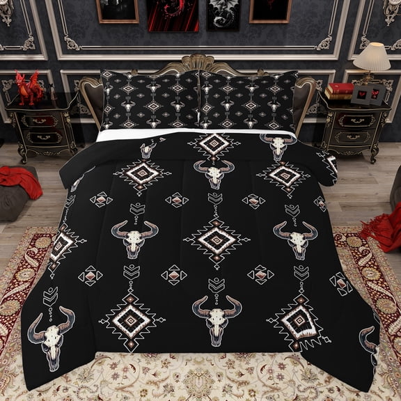 jejeloiu Rustic Western Cowboy Queen Comforter Set,Exotic Bull Skull Bedding Sets,Brown Aztec Bedding Comforter Set For Adults,Super Cozy Room Decor Reversible,3-Piece