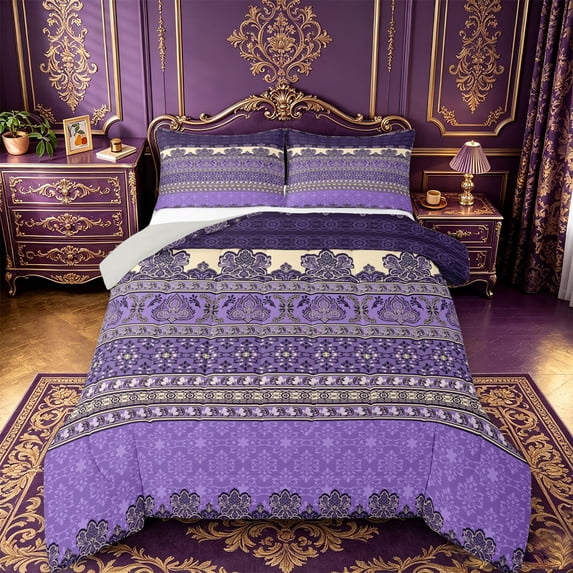 jejeloiu Rustic Western Damask King Size Comforter Sets For Men Women,Retro Victorian Print Comforters King Size,Purple Beige,Light Gray Reversible,3 Pieces,1 Comforter and 2 Pillowcases