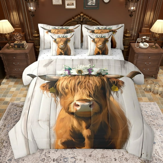 jejeloiu Rustic Western Farmhouse 7-Piece Bedding Comforter Set,Farm Highland Cattle King Bedding Sets,Brown Gray Bed Sheets For Kids,Breathable Home Decor Reversible