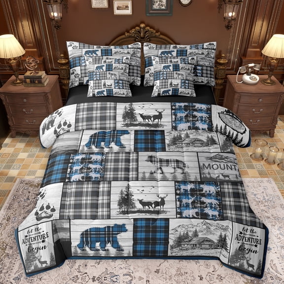 jejeloiu Rustic Western Farmhouse 7pcs Bedding Comforter Set,Patchwork Geometric Plaid Queen Bedding Sets,Jungle Bear Wolves Queen Sheet Sets For Kids,Super Cozy Room Decor Reversible