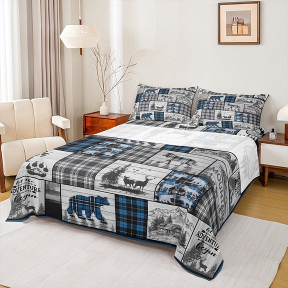 jejeloiu Bear Plaid Brown King 4-Piece Reversible Kids Super Cozy Rustic Western Farm Wolf Patchwork Sheet Set