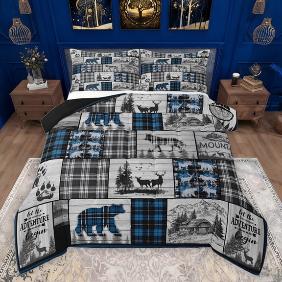 jejeloiu Rustic Western Farmhouse Queen Comforter Set,Patchwork Geometric Plaid Bedding Sets,Jungle Bear Wolves Bedding Comforter Set For Kids,Super Cozy Room Decor Reversible,3 Pieces