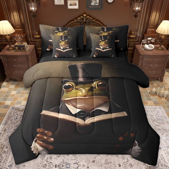 jejeloiu Rustic Wild Frog 7-Piece Bedding Comforter Set,Abstract Desgin King Bedding Sets,Black Green Brown Bed Sheets For Kids,Microfiber Bedroom Decor Reversible
