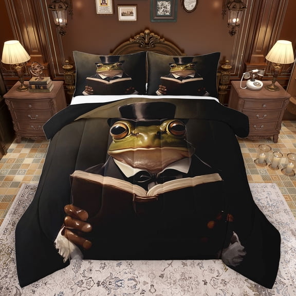jejeloiu Rustic Wild Frog Full Size Comforter Sets,Abstract Desgin Bedding Comforter Set,Black Green Brown Bedding Sets For Kids,Microfiber Bedroom Decor Reversible,3pcs