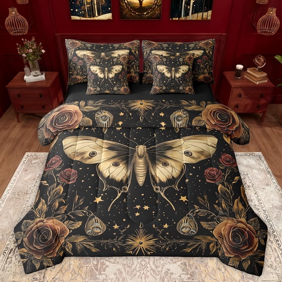 jejeloiu Rustic Wild Moth 7 Pieces Bedding Comforter Set,Vintage Flower Floral Full Bedding Set,Beige Stars Print Fitted Sheet Flat Sheet For Kids,Luxury Bedroom Decor Reversible