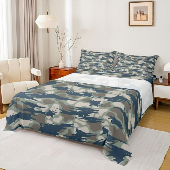 jejeloiu Rustric Camouflage Full Size Sheets,Wildlife Hunting Bed Sheets,Blue Green Brown Sheet Sets For Adults,Super Cozy Room Decor,4 Pieces