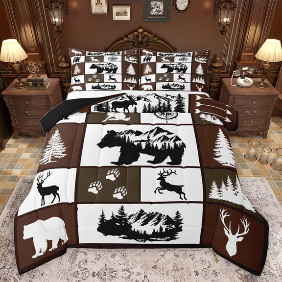 jejeloiu Safari Animal Bear Bedding Comforter Set,Bear Elk Silhouette Twin Comforter Sets,Nature Mountain Landscape Bedding Set For Boys Kids,Microfiber Bedroom Decor Reversible,2 Pieces