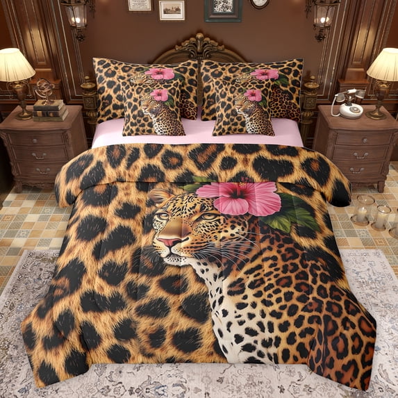 jejeloiu Safari Animal Cheetah 7-Piece Twin Bedding Sets,Chic Leopard Pattern Bedding Comforter Set,Pink Flower Floral Sheet Sets For Kids,Breathable Home Decor Reversible