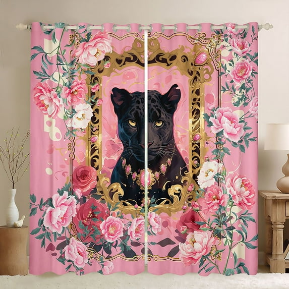 jejeloiu Safari Animal Cheetah Blackout Curtains Set of 2 (52x84 Each),Cute Flower Window Curtains,Pink Country Floral Curtains and Drapes For Girls Teens,Luxury Bedroom Decor