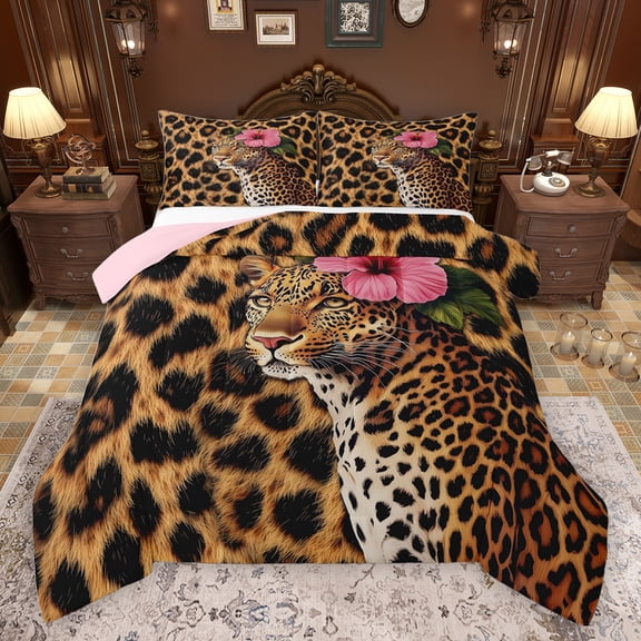 jejeloiu Safari Animal Cheetah Full Size Comforter Sets,Chic Leopard Pattern Bedding Comforter Set,Pink Flower Floral Bedding Sets For Kids,Breathable Home Decor Reversible,3pcs
