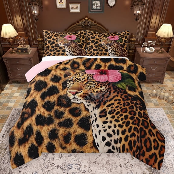 jejeloiu Safari Animal Cheetah Queen Comforter Set,Chic Leopard Pattern Bedding Sets,Pink Flower Floral Bedding Comforter Set For Kids,Breathable Home Decor Reversible,3-Piece