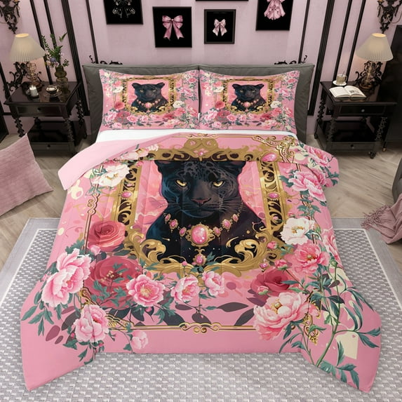jejeloiu Safari Animal Cheetah Queen Comforter Set,Cute Flower Bedding Sets,Pink Country Floral Bedding Comforter Set For Girls Teens,Luxury Bedroom Decor Reversible,3-Piece