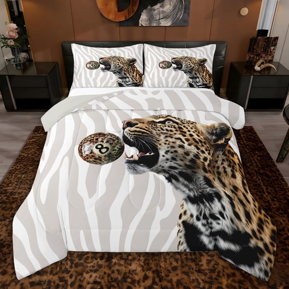 jejeloiu Safari Animal Cheetah Queen Comforter Set,Leopard Print Billiard Bedding Comforter Set For Adults Reversible 3 Pieces