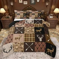 jejeloiu Safari Animal Deer Bedding Comforter Set,Rustic Farmhouse Cabin Twin Comforter Sets,Brown Geometric Checkered Bedding Set For Boys Teens,Luxury Bedroom Decor Reversible,2-Piece