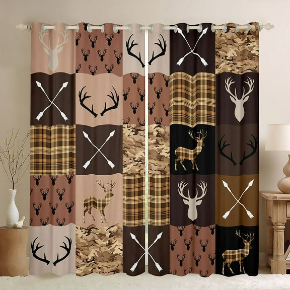 jejeloiu Safari Animal Deer Curtains Pack of 2 (42x84 Each),Rustic Farmhouse Cabin Curtains Blackout,Brown Geometric Checkered Bedroom Curtains For Boys Teens,Luxury Bedroom Decor