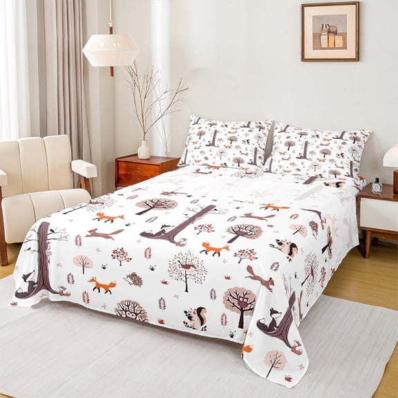 jejeloiu Safari Animal Fox Bed Sheets,Cute Jungle Animal King Sheets,Rustic Pine Cone Sheet Set For Adults,Super Cozy Room Decor,4 Pieces