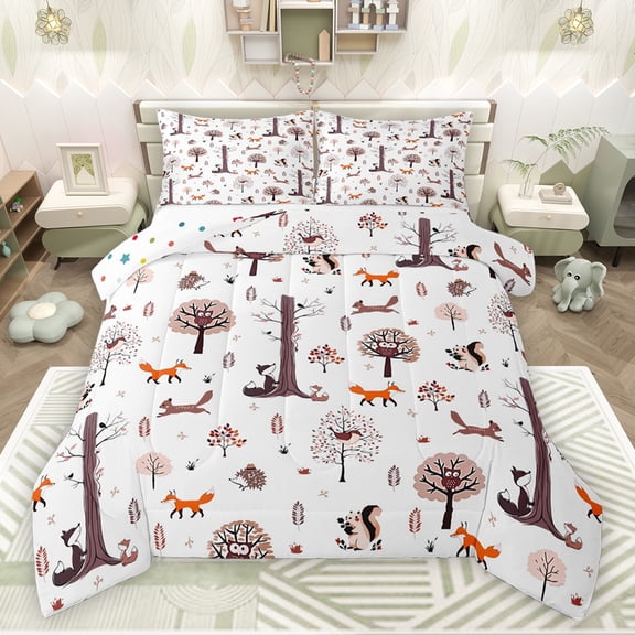 jejeloiu Safari Animal Fox Bedding Comforter Set,Cute Jungle Animal Twin Comforter Sets,Rustic Pine Cone Bedding Set For Adults,Super Cozy Room Decor Reversible,2 Pieces