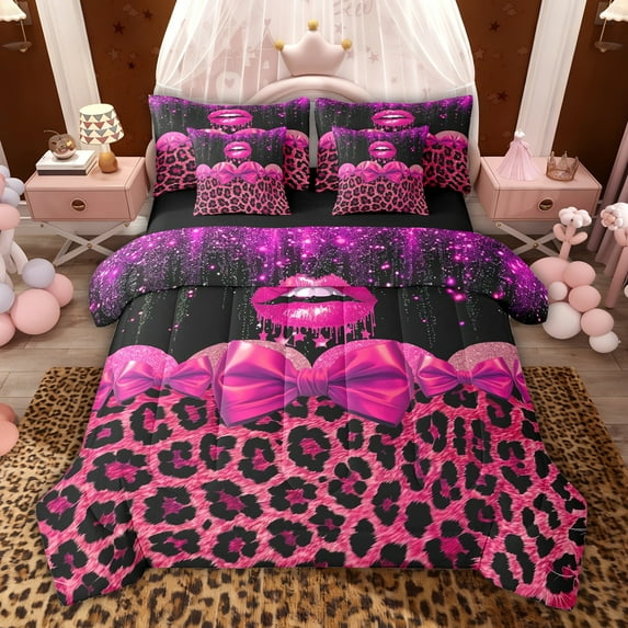 jejeloiu Safari Animal Print 7-Piece Twin Bedding Sets,Pink Leopard Pattern Bedding Comforter Set For Adults Reversible