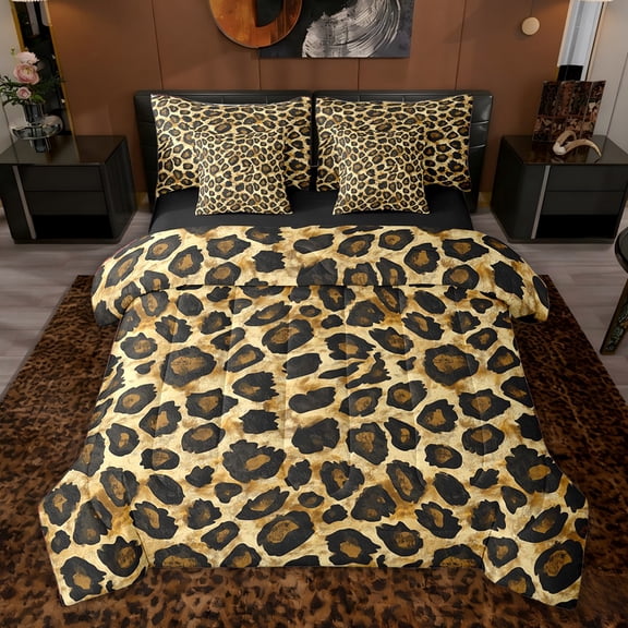 jejeloiu Safari Animal Print 7pcs Bedding Comforter Set,Brown Black Leopard Queen Bedding Sets For Adults Reversible