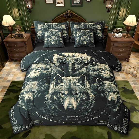 jejeloiu Safari Animal Wolf 7pcs Bedding Comforter Set,Beige Black Queen Bedding Sets For Kids Reversible