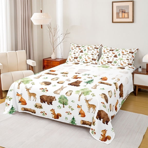 jejeloiu Safari Bear Deer Bed Sheets,Cute Owl Fox King Sheets,Rustic Farmhouse Cabin Sheet Set For Girls Boys,Luxury Bedroom Decor,4pcs