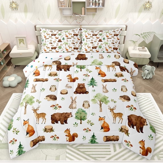 jejeloiu Safari Bear Deer Bedding Comforter Set,Cute Owl Fox Twin Comforter Sets,Rustic Farmhouse Cabin Bedding Set For Girls Boys,Luxury Bedroom Decor Reversible,2pcs