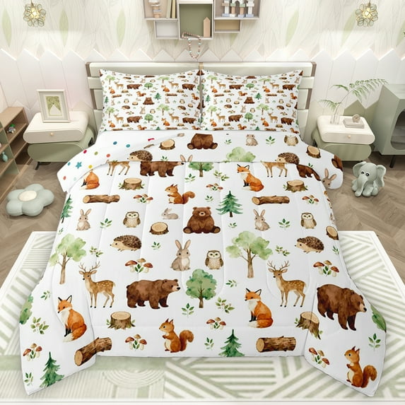jejeloiu Safari Bear Deer Queen Comforter Set,Cute Owl Fox Bedding Sets,Rustic Farmhouse Cabin Bedding Comforter Set For Girls Boys,Luxury Bedroom Decor Reversible,3 Pieces