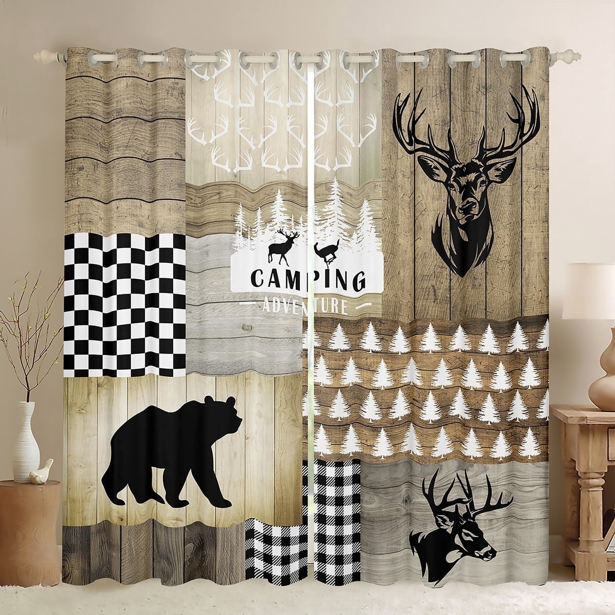 jejeloiu Safari Bear Moose Blackout Curtains Set of 2 (52x84 Each),Jungle Wildlife Window Curtains,Old Barn Door Curtains and Drapes For Boys Kids,Microfiber Bedroom Decoration
