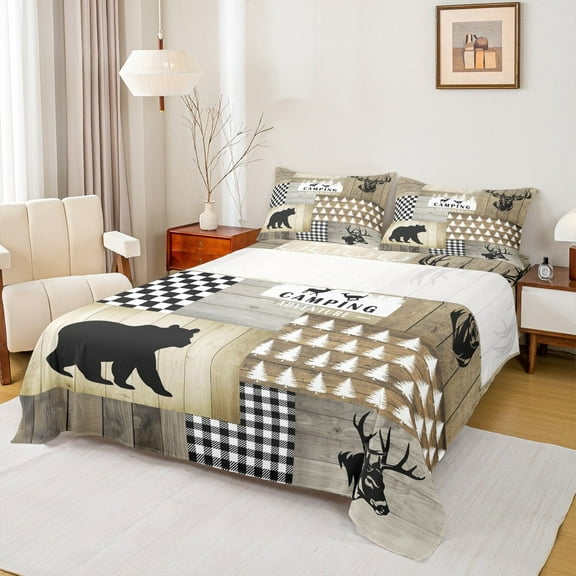 jejeloiu Safari Bear Moose Twin Sheet Sets,Jungle Wildlife Twin Fitted Sheet,Old Barn Door Flat Sheet For Boys Kids,Microfiber Bedroom Decoration,3pcs