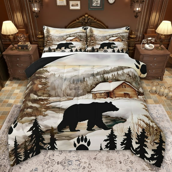 jejeloiu Safari Bear Queen Comforter Set,Rustic Farmhouse Cabin Bedding Comforter Set For Teens Reversible 3pcs