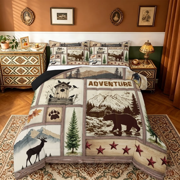 jejeloiu Safari Bear Tiger Full Size Comforter Sets,Jungle Wildlife Bedding Comforter Set,Rustic Farmhouse Cabin Bedding Sets,Microfiber Bedroom Decoration Reversible,3 Pieces
