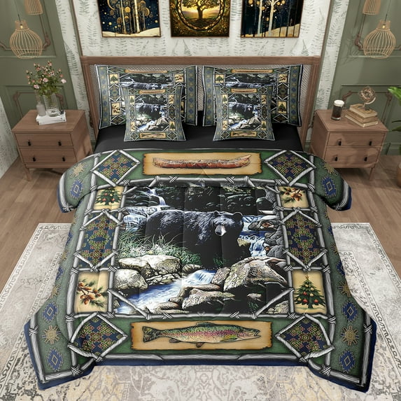 jejeloiu Safari Black Bear 7-Piece Twin Bedding Sets,Woodland Animals Bedding Comforter Set,Rustic Farmhouse Cabin Sheet Sets For Adults,Luxury Bedroom Decor Reversible