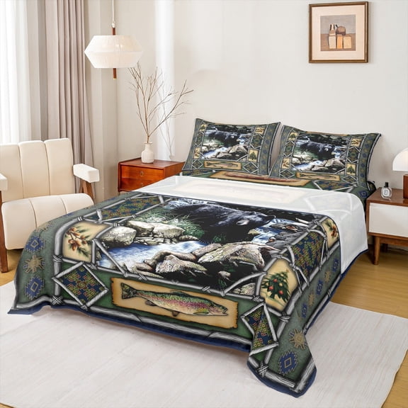 jejeloiu Safari Black Bear Queen Sheet Sets,Woodland Animals Flat Sheet,Rustic Farmhouse Cabin Queen Fitted Sheet For Adults,Luxury Bedroom Decor,4 Pieces