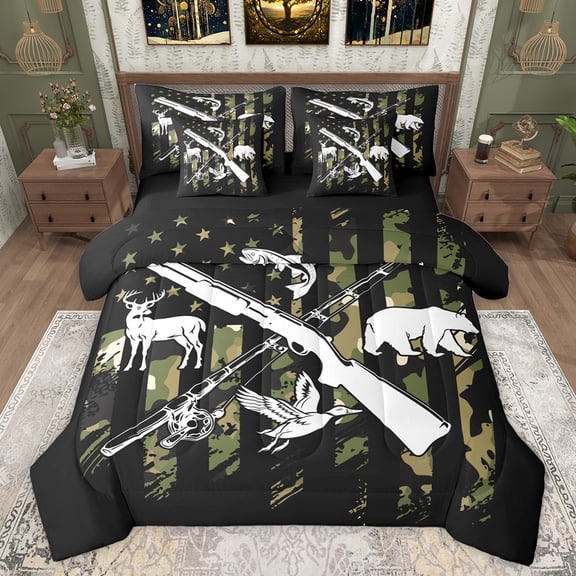 jejeloiu Safari Deer Bear 7pcs Bedding Comforter Set,Camouflage American Flag Queen Bedding Sets,Wildlife Hunting Queen Sheet Sets For Men Women,Luxury Bedroom Decor Reversible